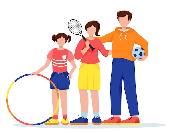 Sports family Woman with a tennis racket and man with a soccer ball and girl with hoop