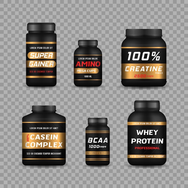 Sports food bottles and low sugar protein bars. Fitness nutrition, vitamins, l-carnitine, casein capsules and hydro whey. Bodybuilding symbols. Large set of templates sports food containers. Vector.