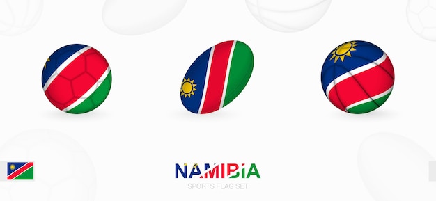 Sports icons for football, rugby and basketball with the flag of Namibia.