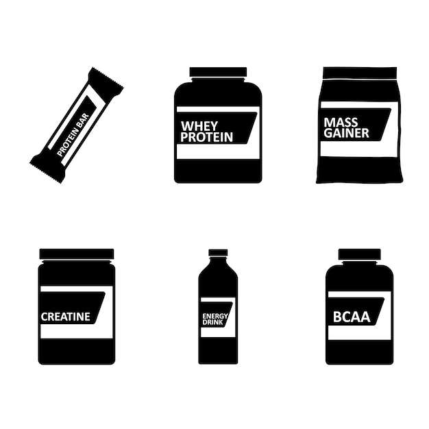 Sports nutrition icons containers packages, fitness protein power. Set of bodybuilding sport food. Jars and bottles with supplements for muscle growth. Gym icons, healthy lifestyle concept. Vector.