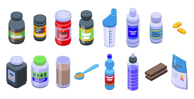 Sports nutrition icons set. Isometric set of sports nutrition  icons for web  isolated on white background