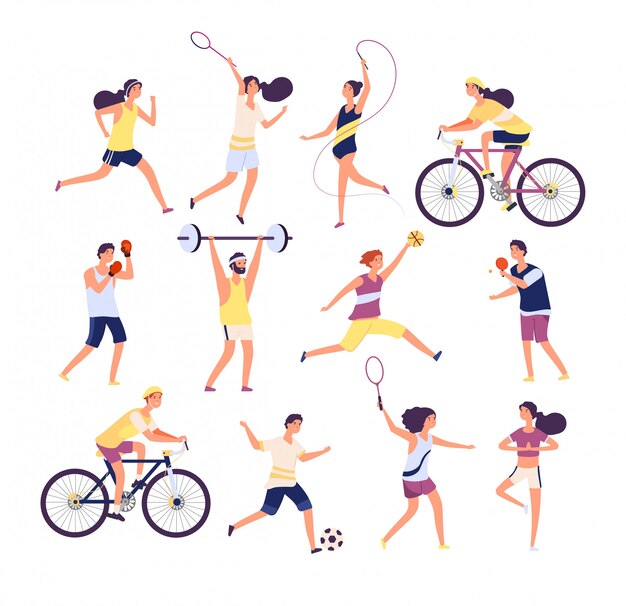 Vector sports people set. exercising persons gymnast, runner and tennis player, boxer and footballer.  cartoon  characters set