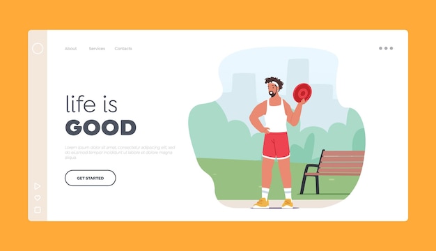 Sports Recreation, Game, Entertainment and Activity Landing Page Template. Male Character in Sportswear Holding Frisbee Disk in Summer Park. Sportsman Outdoor Training, Cartoon Vector Illustration