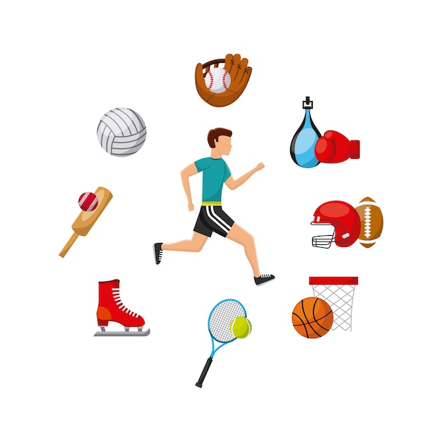 sports related icons around man icon 