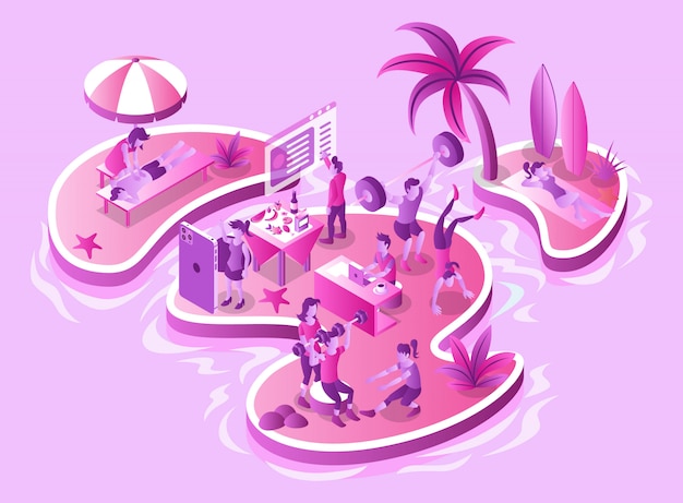 Sports Training, Exercises, Practices, and Health Care and Treatments on Islands - Isometric Illustration