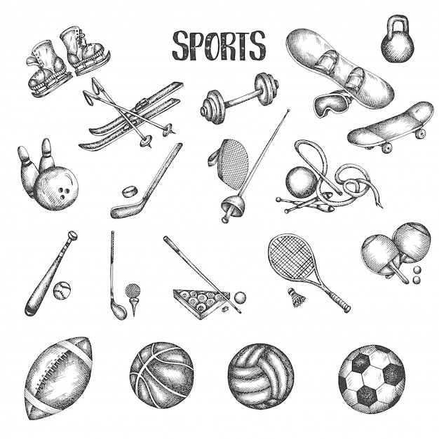 Sports vintage hand drawn vector illustrations. Sport and fitness doodle set.