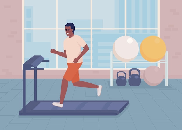 Vector sportsman training on treadmill flat color vector illustration