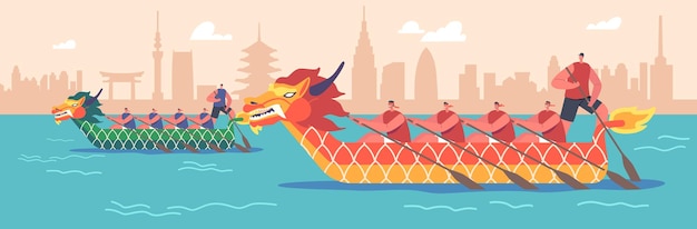 Sportsmen Rowing on Boat Dragon Oriental Festival Sport Competition Extreme Activity Championship Water Sports Games