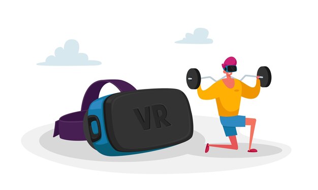 Vector sporty male character in virtual reality headset exercising squat with dumbbell in gym