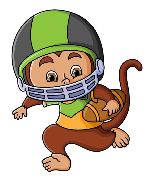 The sporty monkey is playing rugby with a full equipment