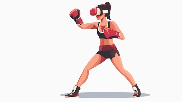 Sporty Young Woman Boxing in Virtual Reality Glasses Flat Vector Illustration Isolated