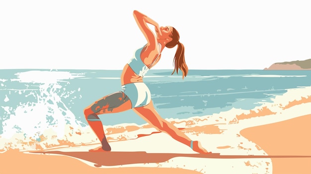 Vector sporty young woman stretching on the sea coast