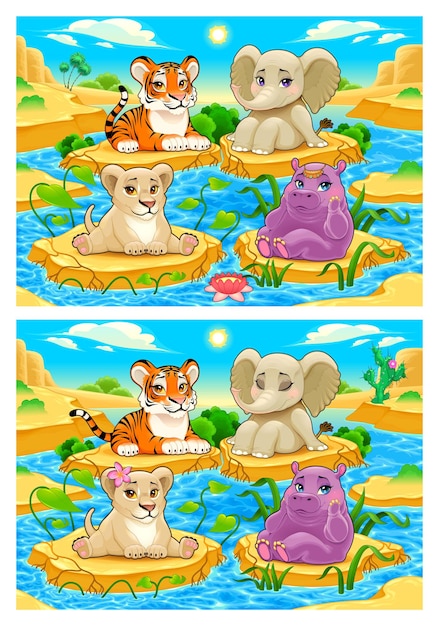 Spot the differences. Two images with seven changes between them, vector and cartoon illustrations