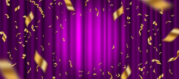 Spotlight on purple curtain background and falling golden confetti