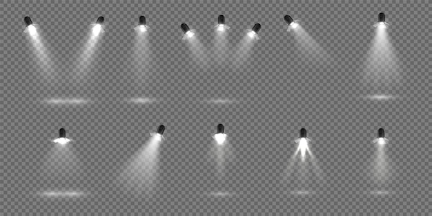 Vector spotlight for stage. realistic floodlight set. illuminated studio spotlights for stage. vector illustration stage lighting effect for theater or concert backdrop