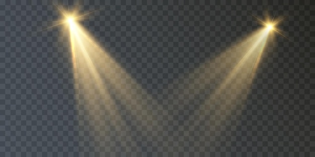 Spotlights set isolated on transparent background Vector glowing light effect with golden rays