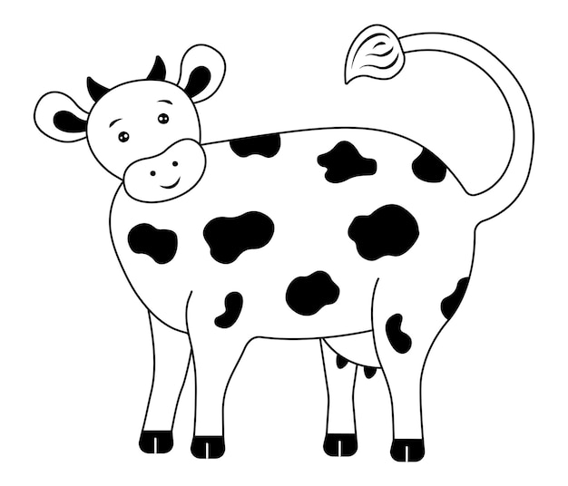 Spotted cute cow with horns curious happy farm animal vector black and white illustration