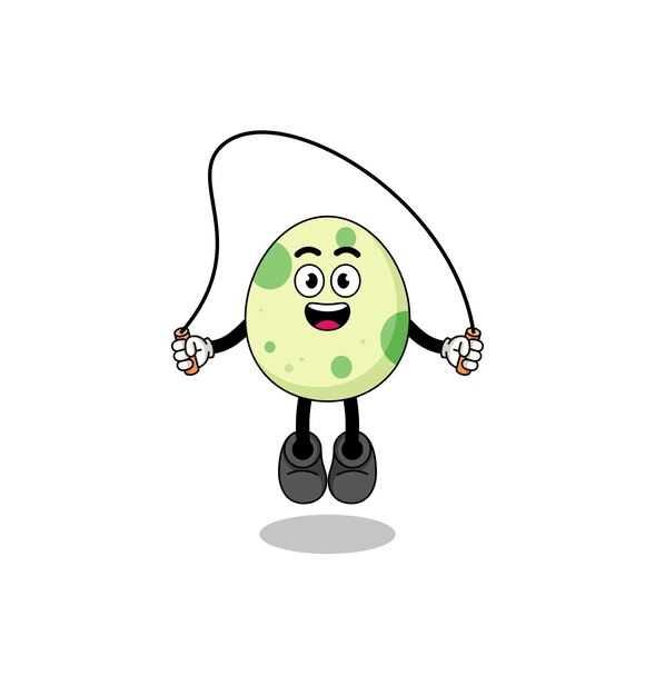 Spotted egg mascot cartoon is playing skipping rope