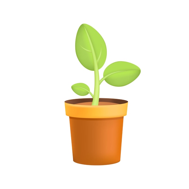 Spout growing on brown flowerpot 3D illustration