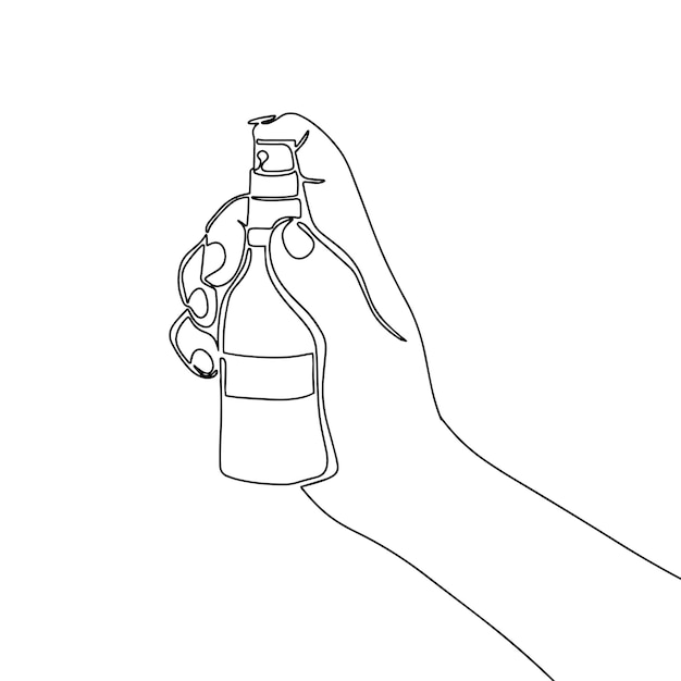 Spray bottle in hand One line continuous cosmetic Line art outline single line silhouette Hand