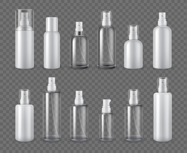 Spray bottles. Realistic cosmetic aerosol, deodorant or sprayer clear bottle package mockups. 3d plastic cream dispenser with cap vector set. Illustration container cosmetic aerosol and spray