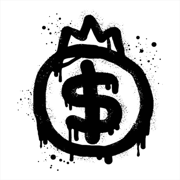 Spray painted graffiti currency in black over white Drops of sprayed dollar and crown icon isolated on white background vector illustration