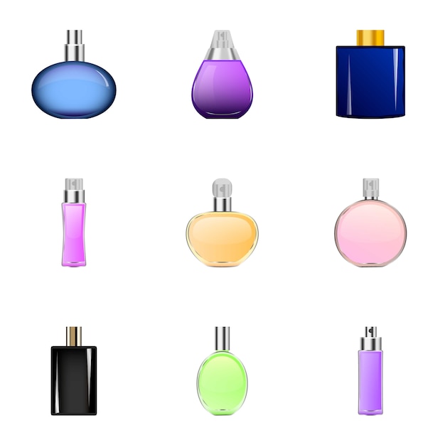 Spray perfume icons set, cartoon style