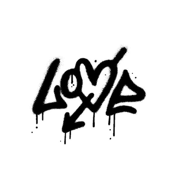 Sprayed word love in urban graffiti style with overspray in black over white vector textured typogra