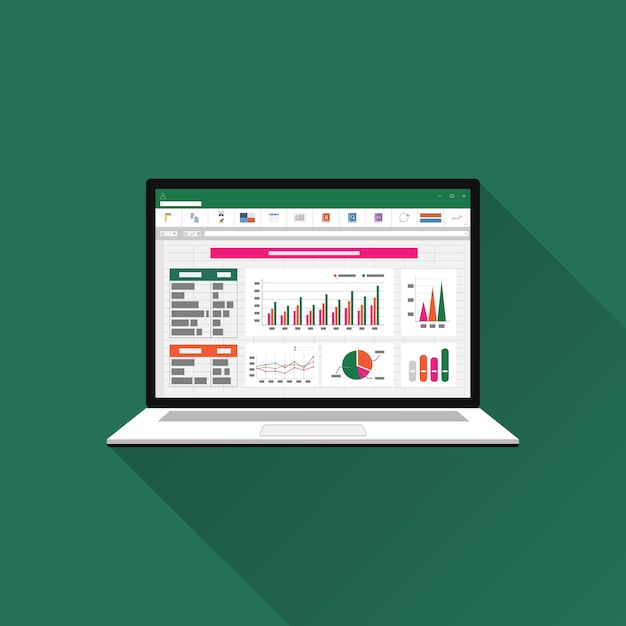 Spreadsheet on Laptop screen. Financial accounting report concept. office things for planning and accounting, analysis, audit, project management, marketing, research  illustration.