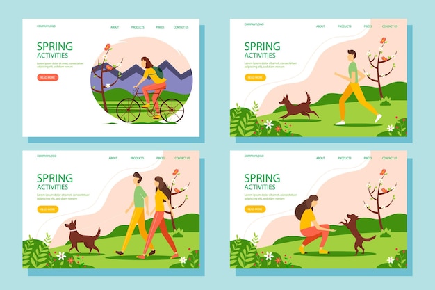 Spring activity web banner set The concept of an active and healthy lifestyle Vector illustration