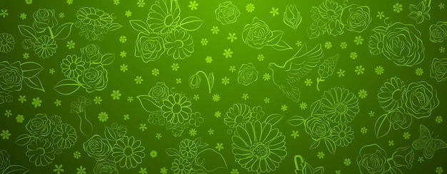 Spring background in green colors made of various flowers birds and butterflies