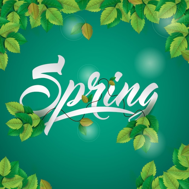 Spring background with fresh green realistic frame leaves