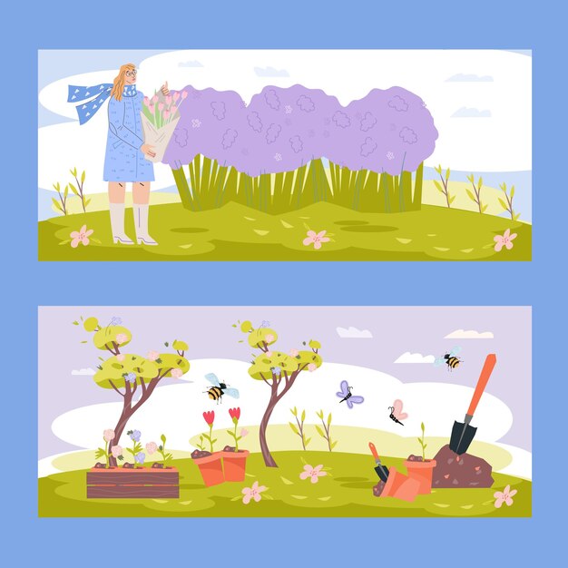 Spring banners backgrounds set flat vector illustration Banners or posters collection