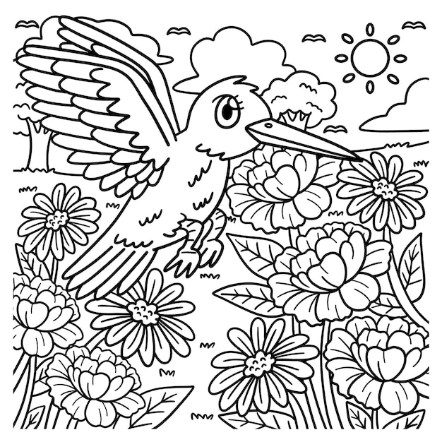 Spring Bird Over Flowers Coloring Page for Kids