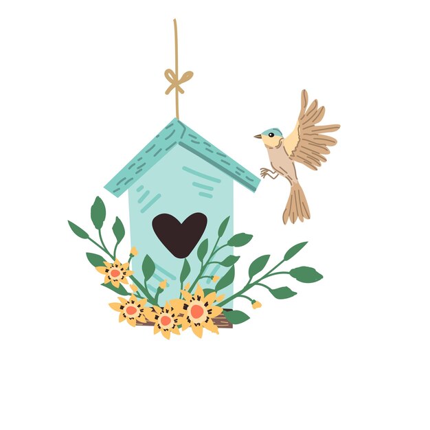 Vector spring bird and flying birdhouse for greeting card cover design vector illustration isolated can