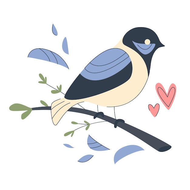 Spring bird is sitting on the branch and leaves Spring concept Colorful Spring illustration Bird on branch Vector illustration in a flat style Easter