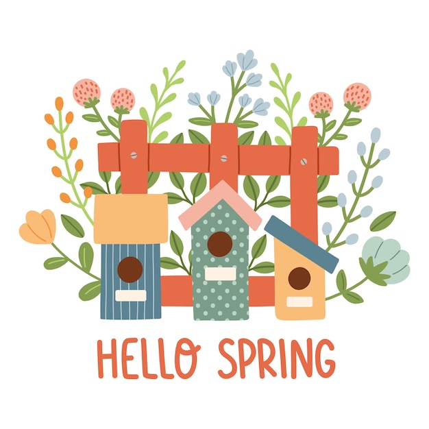 Spring birdhouse. Spring mood greeting card template. Welcome spring season invitation. Postcard