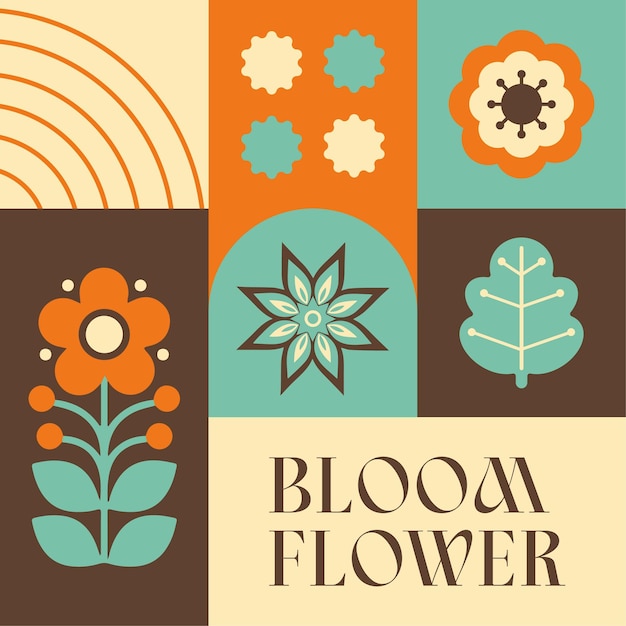 Vector spring blooming flower seamless pattern scandinavian style postcard with retro clean concept design