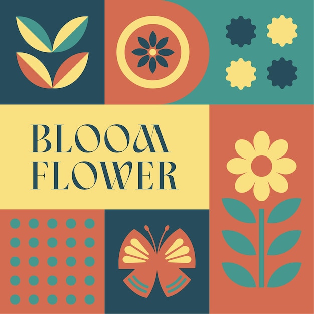 Vector spring blooming flower seamless pattern scandinavian style postcard with retro clean concept design