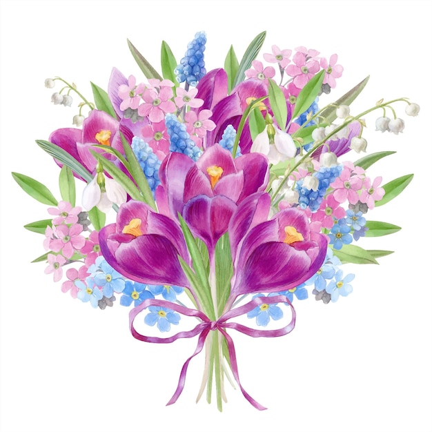 Spring bouquet with purple crocuses watercolor illustration