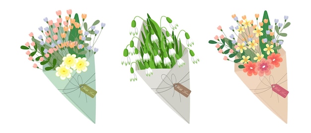 Spring bouquets of flowers in paper envelopes with labels. Set of holiday icons for mother's day,