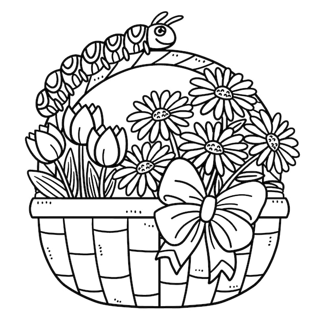 Spring Caterpillar And Basket Of Flowers Isolated