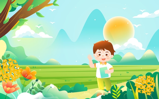 Spring characters are traveling outside, the background is various forest trees and mountains