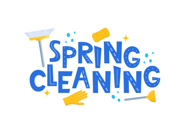 Spring Cleaning Lettering home cleanup tools and flowers Spring Cleaning for card