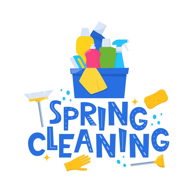 Vector spring cleaning lettering home cleanup tools and flowers spring cleaning for card