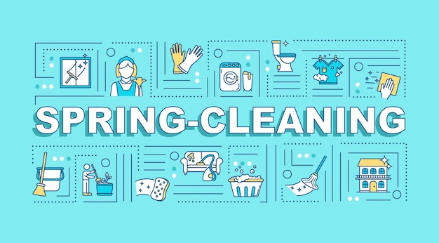 Spring cleaning word concepts banner. Seasonal housework. Wash house surfaces. Infographics with linear icons on turquoise background. Isolated typography. Vector outline RGB color illustration