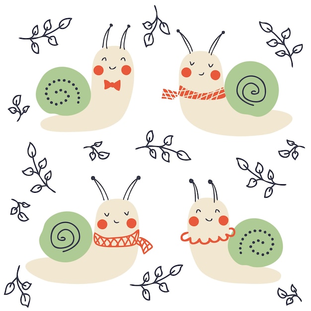 Spring collection of snails with leaves Perfect for Tshirt greeting card poster textile and prints