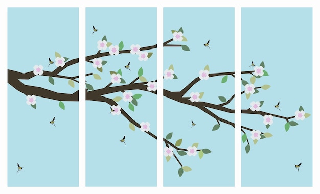 Spring color on blue sky background vector illustration Blooming branches in spring with flying