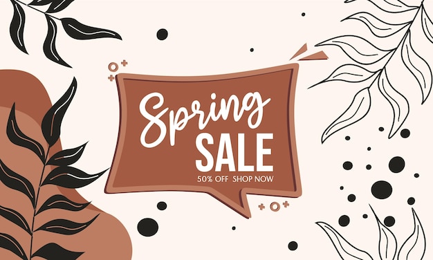 spring discount banner.brown color advertising design .abstract background with hand drawn floral