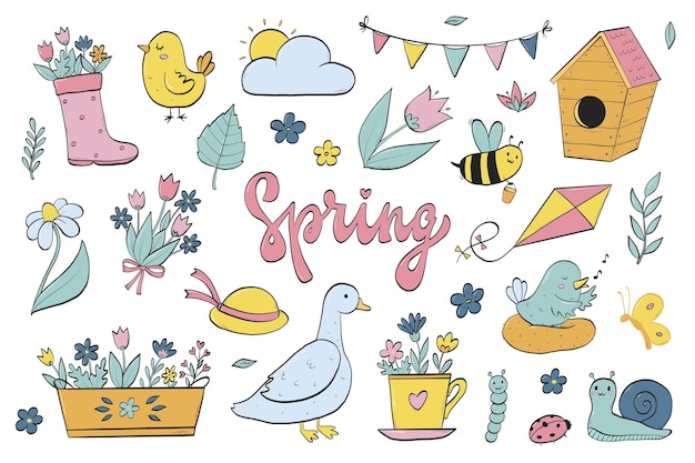 Vector spring doodles collection spring cartoon elements for stickers clip art prints cards posters